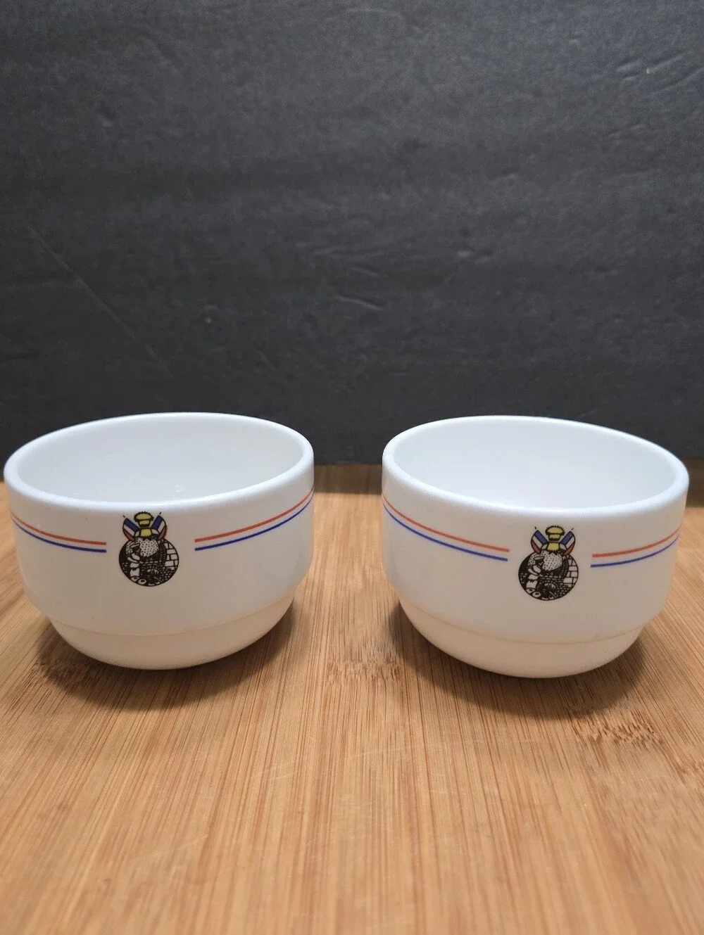 (2) La Madeleine French Cafe stacking custard cups or tea bowls Bon Appetit